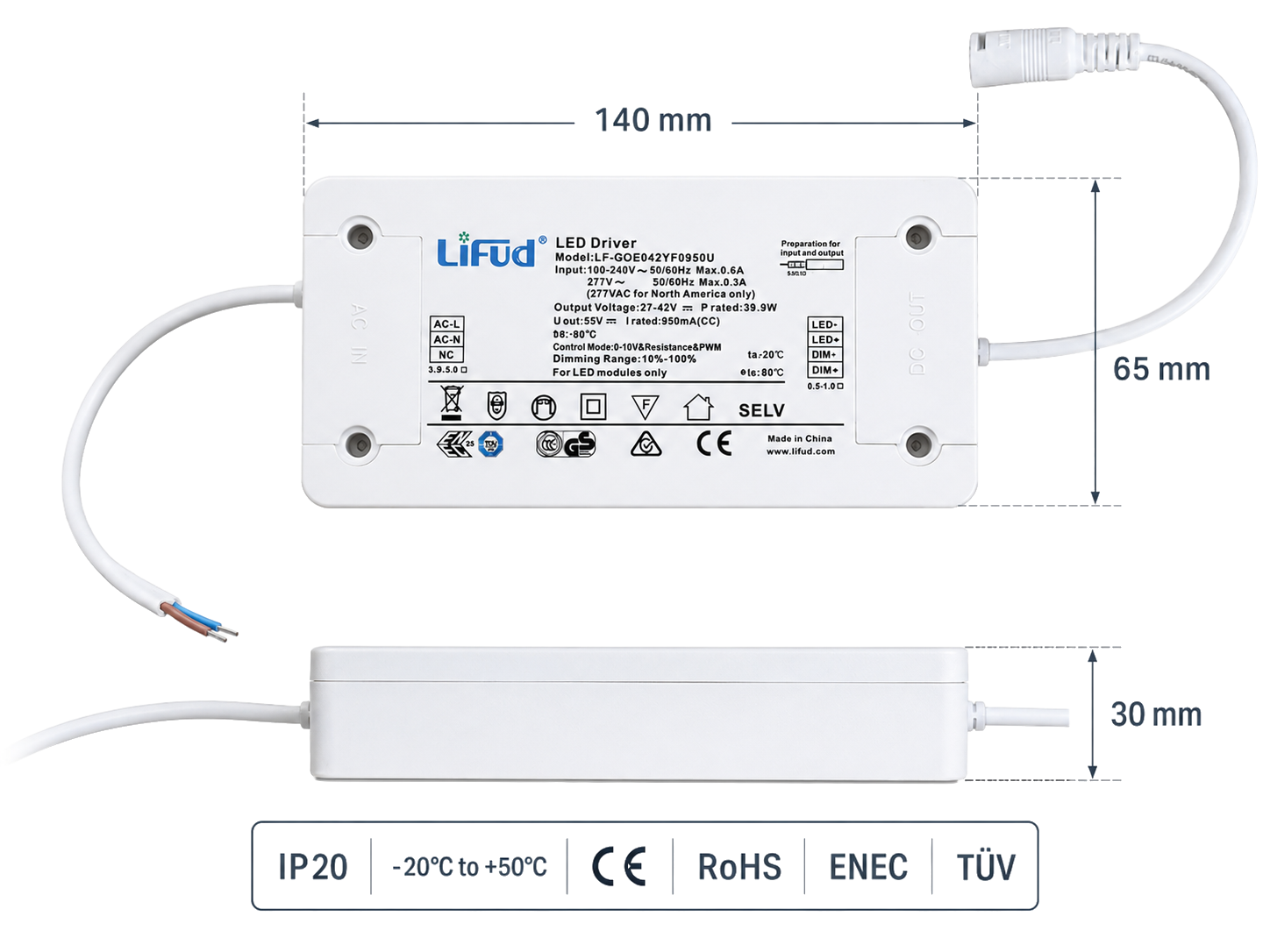 Rozměry LED driveru 140x65x30mm